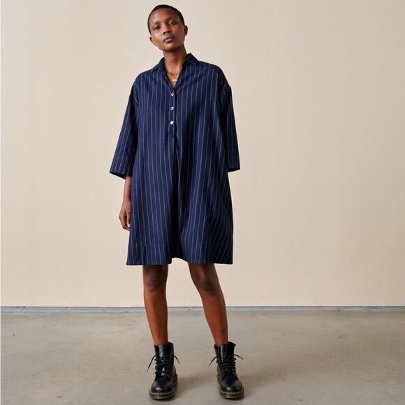 Bellerose Ateliers Navy Blue Pinstripe Oversized Shirt Shift Dress NWT - Picture 1 of 6